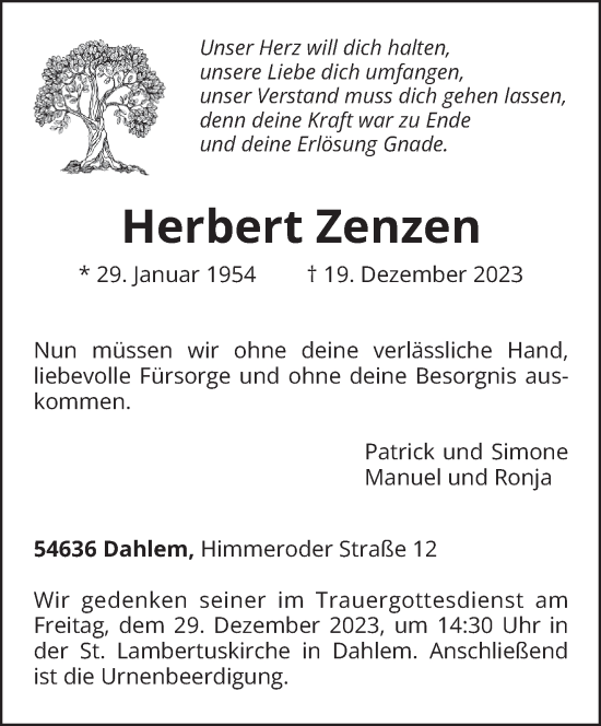 Traueranzeige von Herbert Zenzen von trierischer_volksfreund