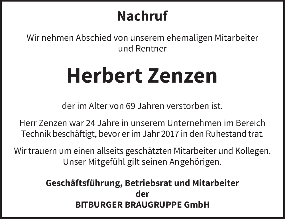  Traueranzeige für Herbert Zenzen vom 28.12.2023 aus trierischer_volksfreund