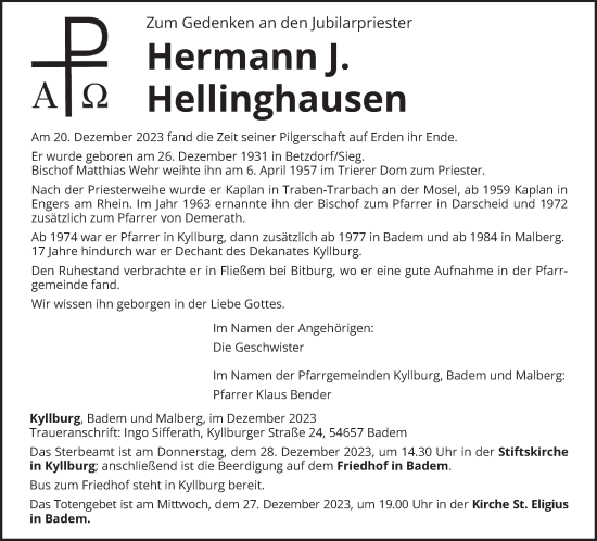 Traueranzeige von Hermann J. Hellinghausen von trierischer_volksfreund