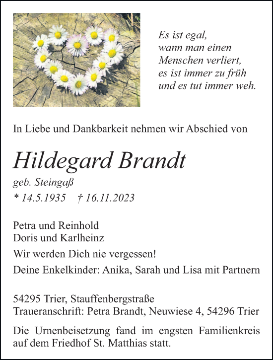 Traueranzeige von Hildegard Brandt von trierischer_volksfreund