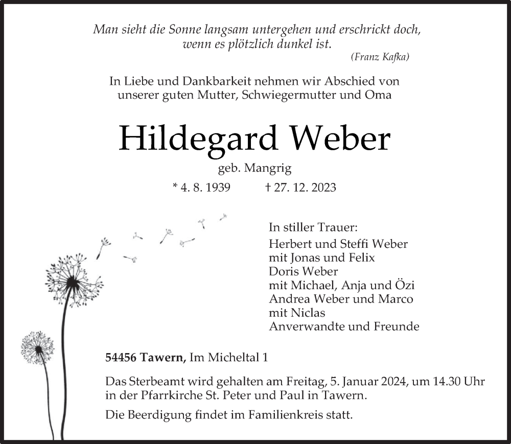 Traueranzeige für Hildegard Weber vom 30.12.2023 aus trierischer_volksfreund