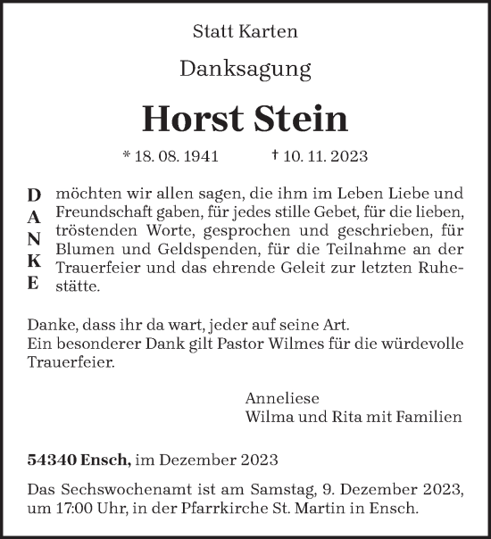 Traueranzeige von Horst Stein von trierischer_volksfreund