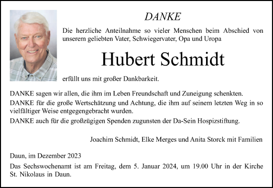 Traueranzeige von Hubert Schmidt von trierischer_volksfreund