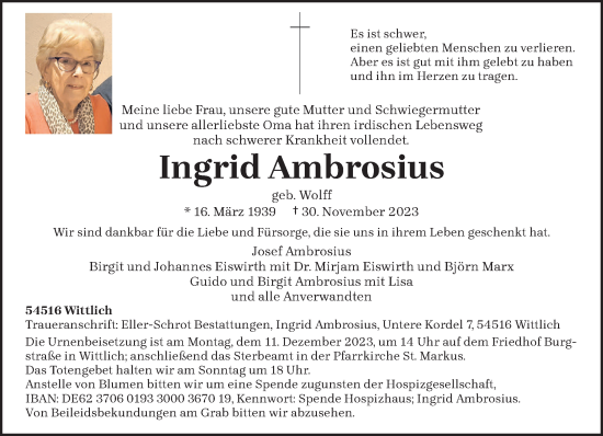 Traueranzeige von Ingrid Ambrosius von trierischer_volksfreund