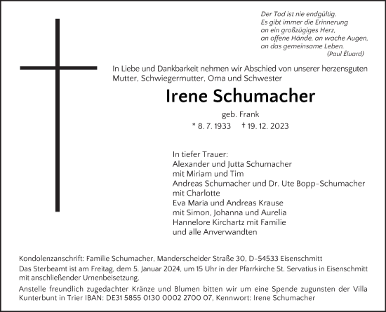 Traueranzeige von Irene Schumacher von trierischer_volksfreund