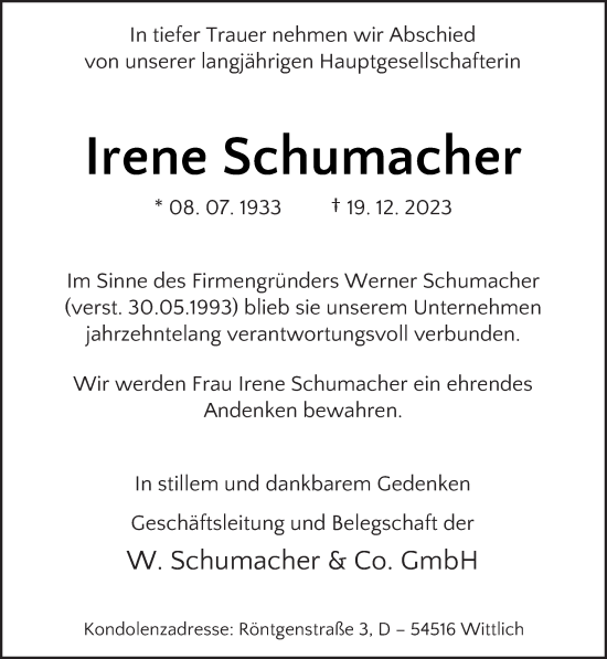 Traueranzeige von Irene Schumacher von trierischer_volksfreund