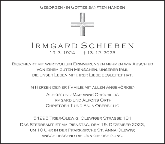 Traueranzeige von Irmgard Schieben von trierischer_volksfreund