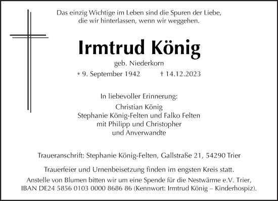 Traueranzeige von Irmtrud König von trierischer_volksfreund