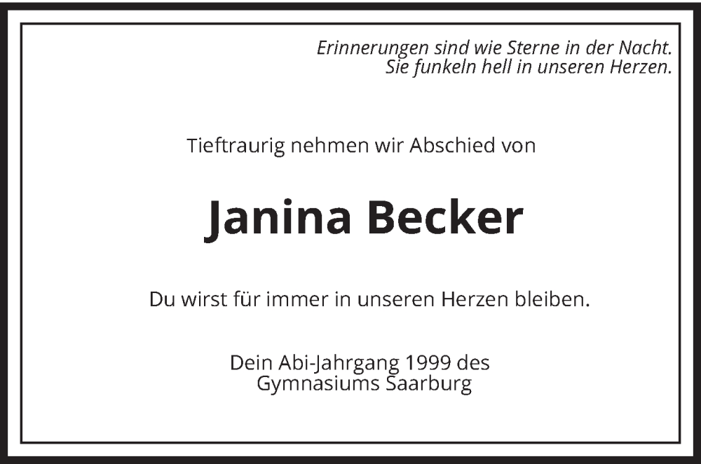 Traueranzeige für Janina Becker vom 16.12.2023 aus trierischer_volksfreund