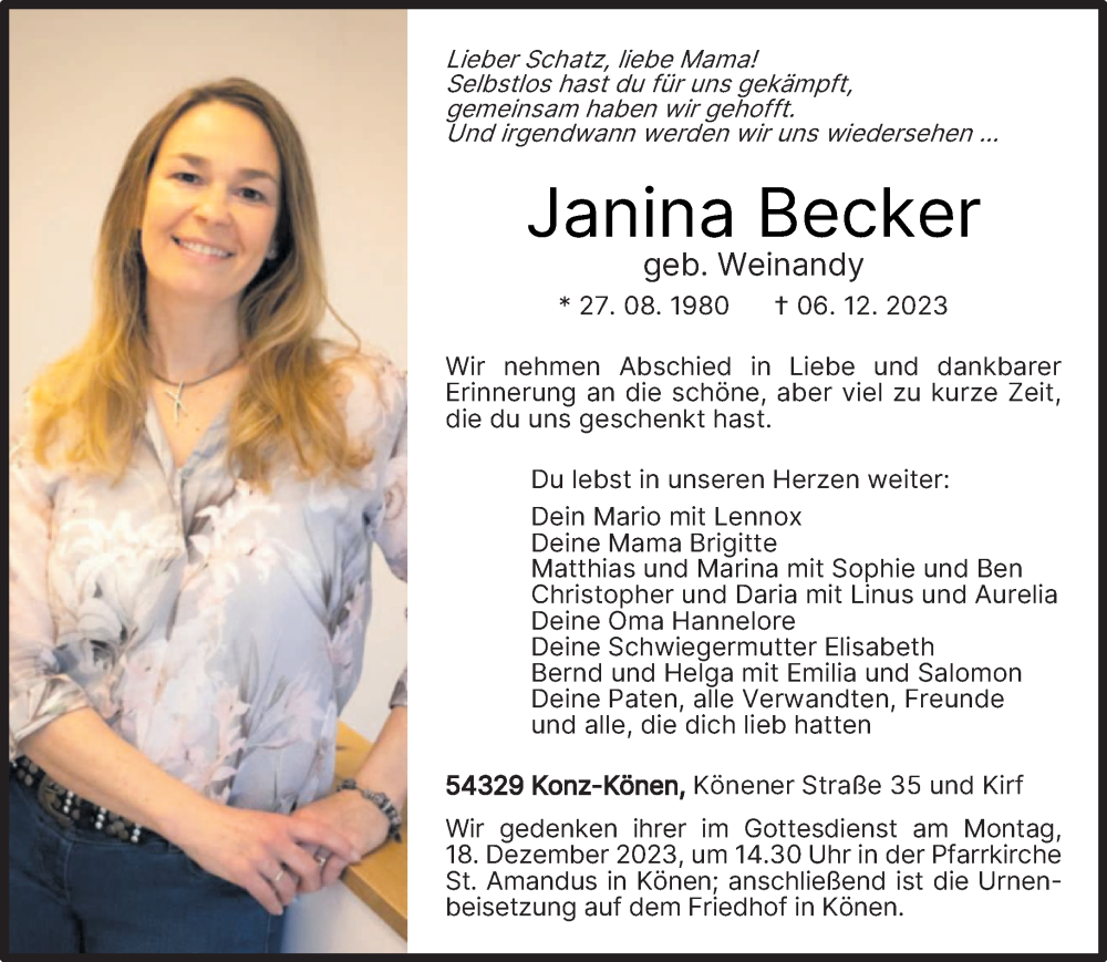  Traueranzeige für Janina Becker vom 13.12.2023 aus trierischer_volksfreund
