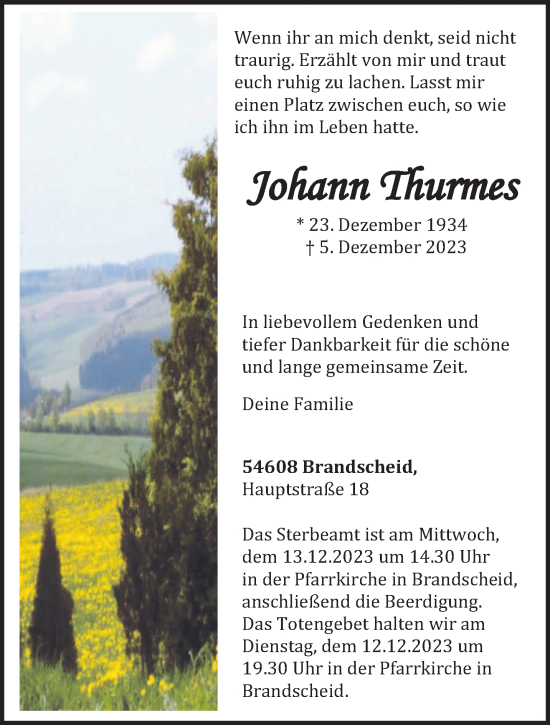 Traueranzeige von Johann Thurmes von trierischer_volksfreund