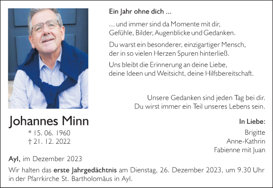 Traueranzeige von Johannes Minn von trierischer_volksfreund
