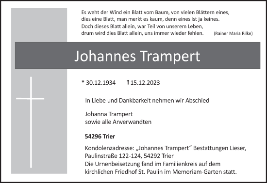 Traueranzeige von Johannes Trampert von trierischer_volksfreund