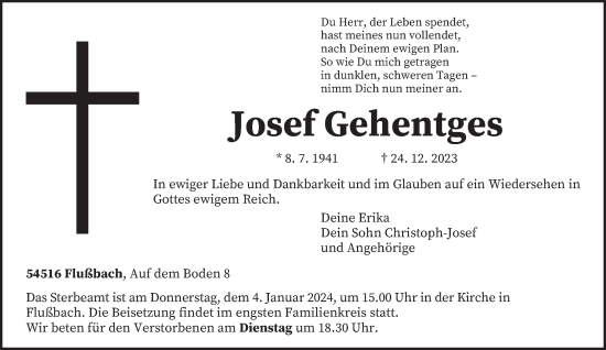 Traueranzeige von Josef Gehentges von trierischer_volksfreund