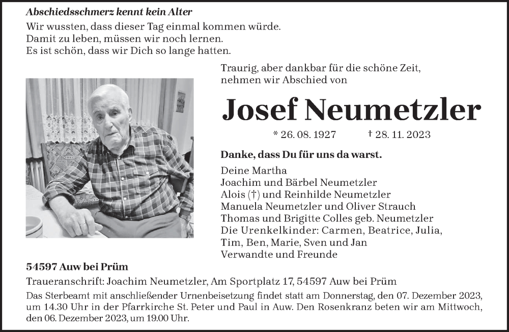  Traueranzeige für Josef Neumetzler vom 04.12.2023 aus trierischer_volksfreund