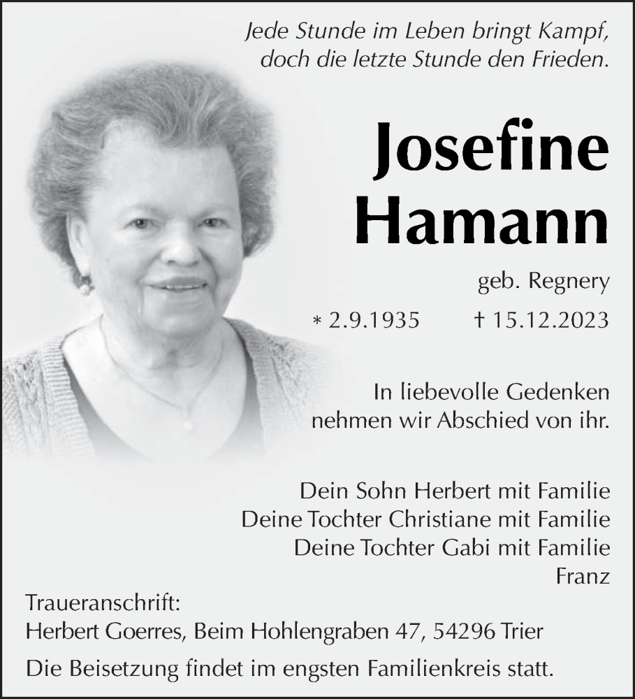  Traueranzeige für Josefine Hamann vom 23.12.2023 aus trierischer_volksfreund