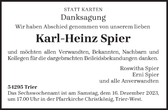 Traueranzeige von Karl-Heinz Spier von trierischer_volksfreund
