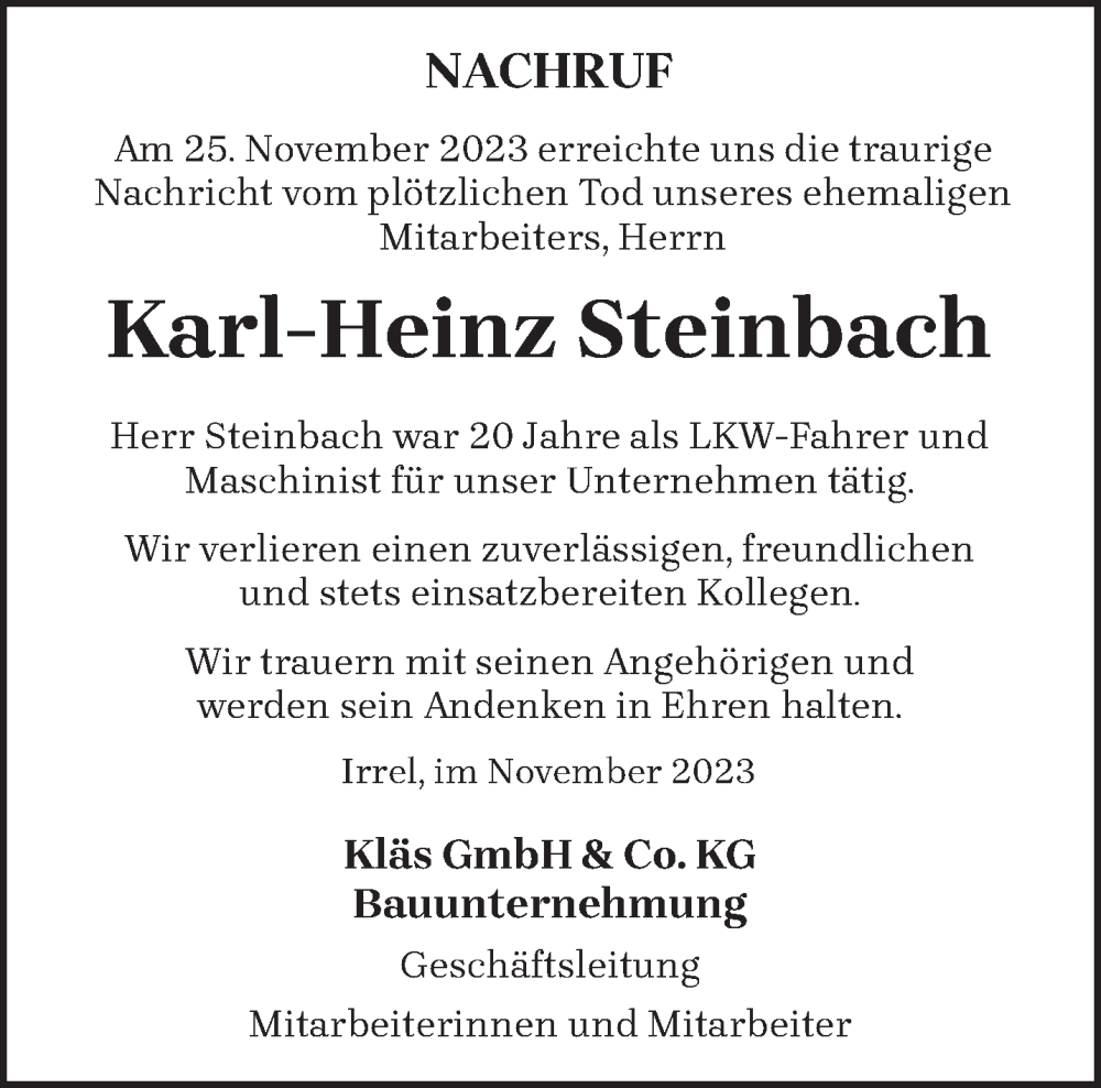  Traueranzeige für Karl-Heinz Steinbach vom 01.12.2023 aus trierischer_volksfreund