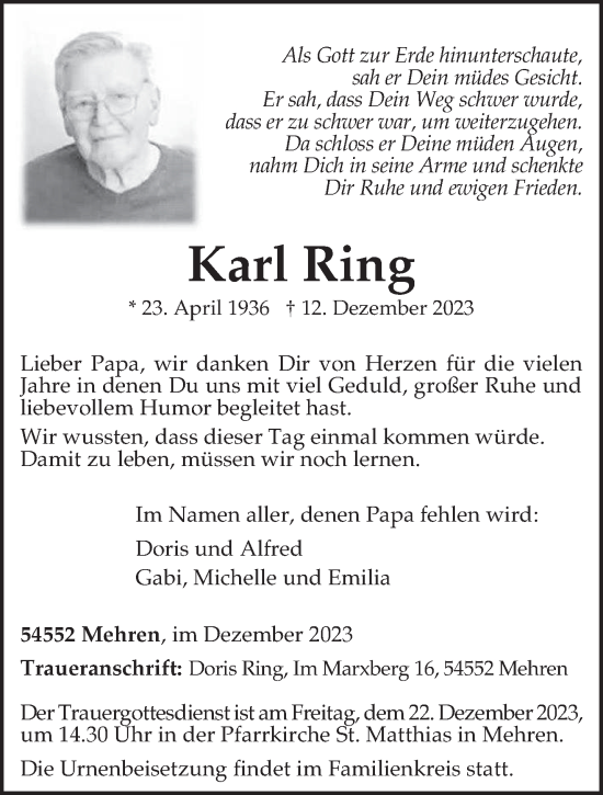 Traueranzeige von Karl Ring von trierischer_volksfreund