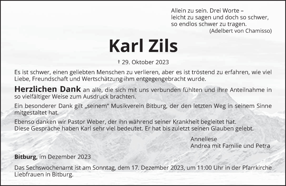  Traueranzeige für Karl Zils vom 09.12.2023 aus trierischer_volksfreund