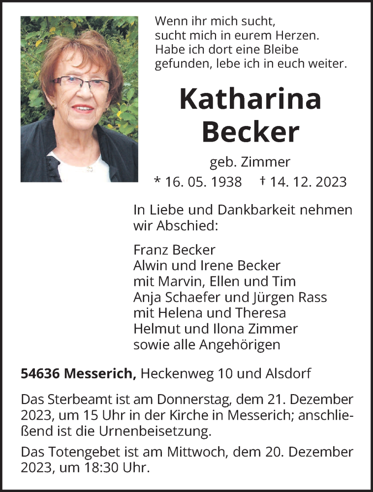  Traueranzeige für Katharina Becker vom 16.12.2023 aus trierischer_volksfreund