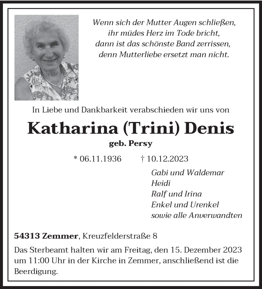  Traueranzeige für Katharina Denis vom 13.12.2023 aus trierischer_volksfreund
