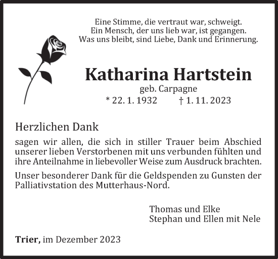 Traueranzeige von Katharina Hartstein von trierischer_volksfreund
