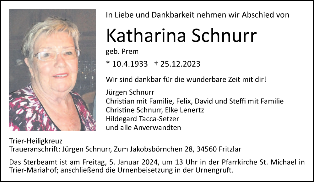  Traueranzeige für Katharina Schnurr vom 30.12.2023 aus trierischer_volksfreund