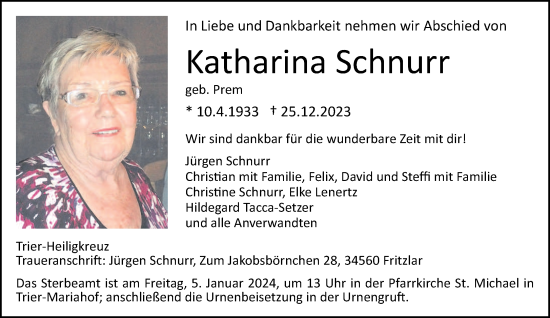 Traueranzeige von Katharina Schnurr von trierischer_volksfreund