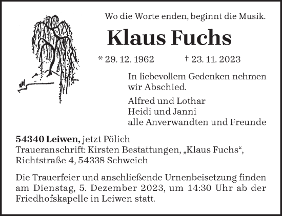Traueranzeige von Klaus Fuchs von trierischer_volksfreund