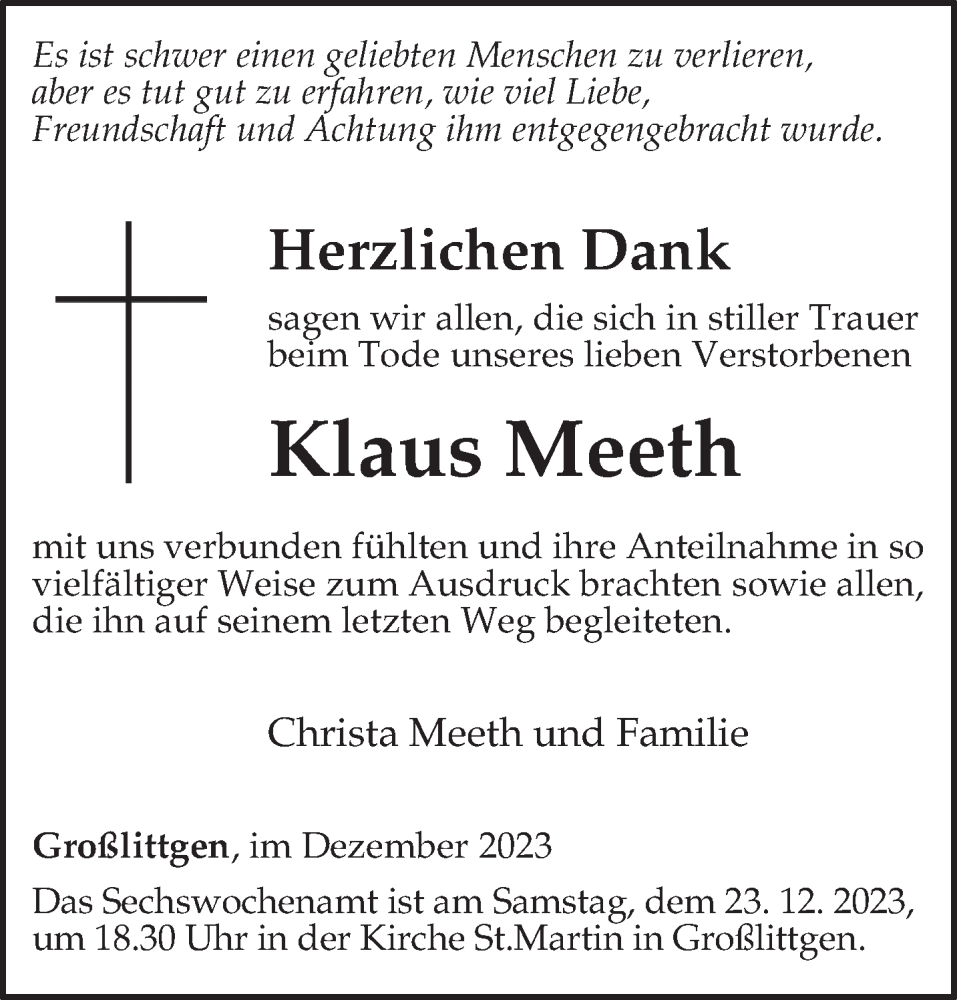  Traueranzeige für Klaus Meeth vom 16.12.2023 aus trierischer_volksfreund