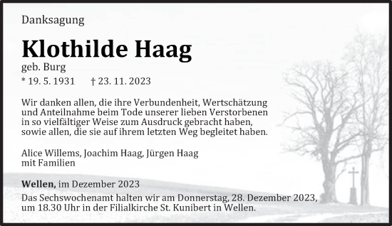 Traueranzeige von Klothilde Haag von trierischer_volksfreund