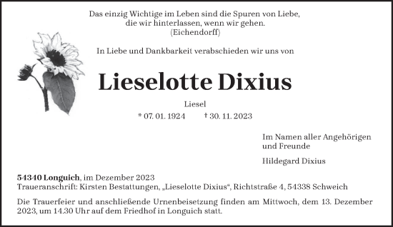 Traueranzeige von Lieselotte Dixius von trierischer_volksfreund