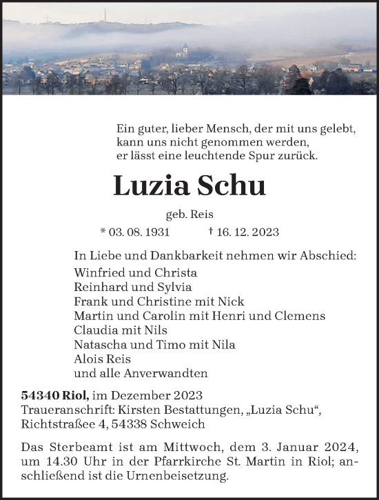 Traueranzeige von Luzia Schu von trierischer_volksfreund
