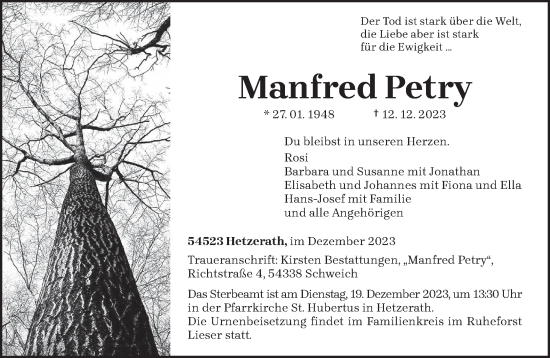Traueranzeige von Manfred Petry von trierischer_volksfreund