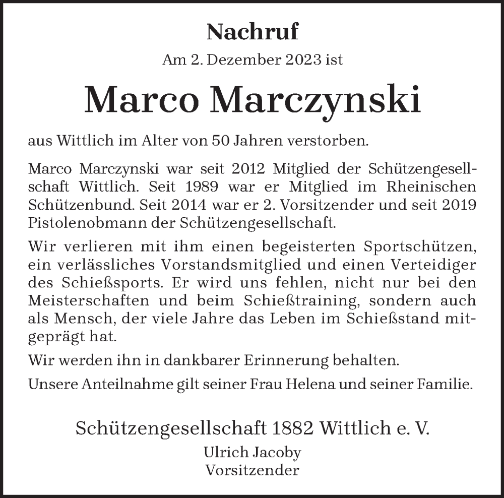  Traueranzeige für Marco Marczynski vom 06.12.2023 aus trierischer_volksfreund
