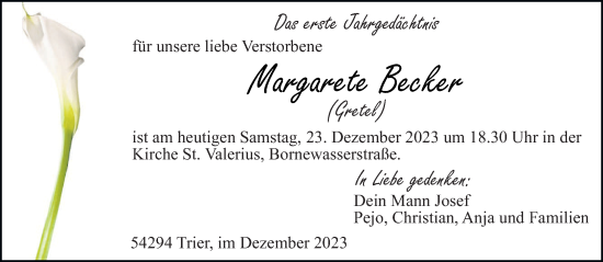 Traueranzeige von Margarete Becker von trierischer_volksfreund