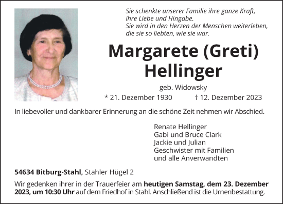 Traueranzeige von Margarete Hellinger von trierischer_volksfreund