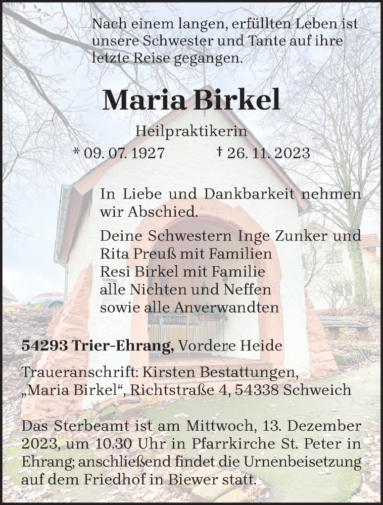  Traueranzeige für Maria Birkel vom 09.12.2023 aus trierischer_volksfreund