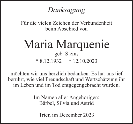 Traueranzeige von Maria Marquenie von trierischer_volksfreund