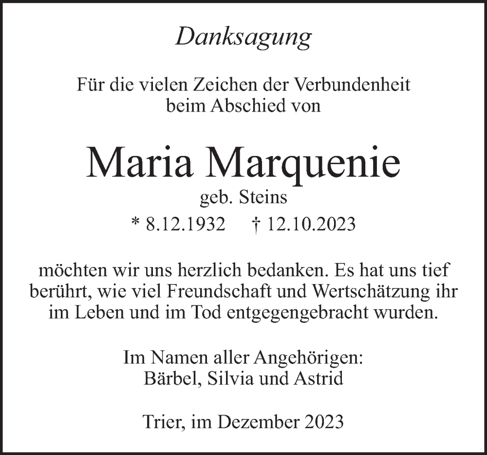  Traueranzeige für Maria Marquenie vom 09.12.2023 aus trierischer_volksfreund