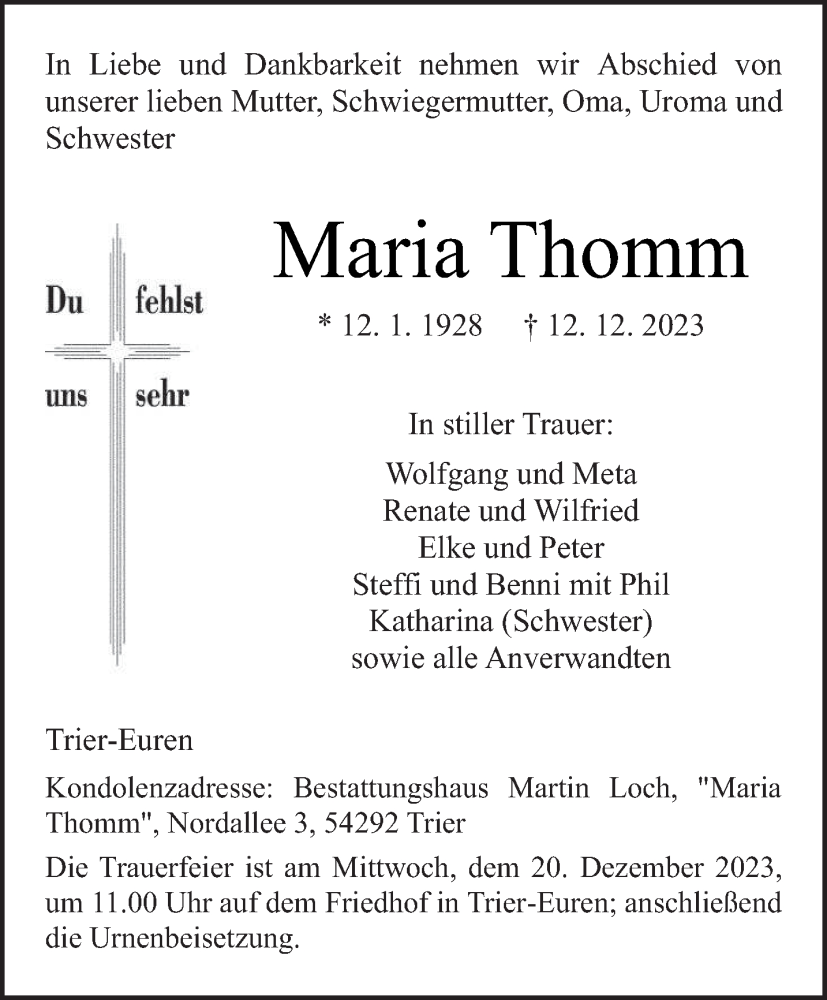  Traueranzeige für Maria Thomm vom 16.12.2023 aus trierischer_volksfreund