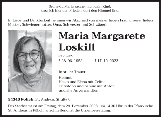 Traueranzeige von Maria MArgarete Loskill von trierischer_volksfreund