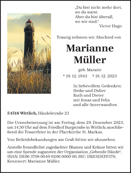 Traueranzeige von Marianne Müller von trierischer_volksfreund