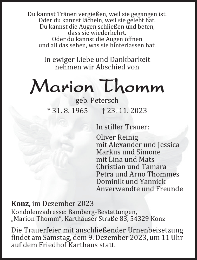  Traueranzeige für Marion Thomm vom 02.12.2023 aus trierischer_volksfreund