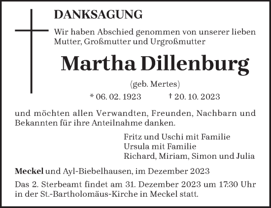 Traueranzeige von Martha Dillenburg von trierischer_volksfreund