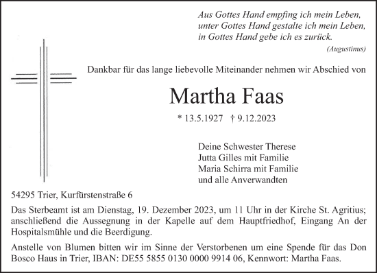 Traueranzeige von Martha Faas von trierischer_volksfreund