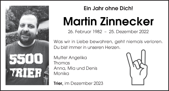 Traueranzeige von Martin Zinnecker von trierischer_volksfreund