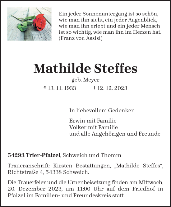 Traueranzeige von Mathilde Steffes von trierischer_volksfreund
