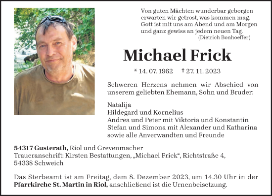 Traueranzeige von Michael Frick von trierischer_volksfreund